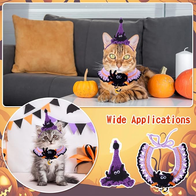 Kunyeah Halloween Pet Costume Set for Cats Small Dog Adjustable Knitted Hat Scarf Pumpkin & Witch Print Puppy Bib Cute Crochet Cat Collar Cap Pet Apparel Outfit (Purple-Spider)