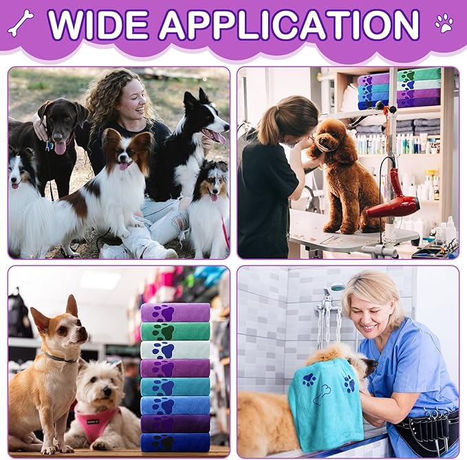 Chumia 8 Pcs Dog Towels for Drying Dogs Cats Pet Towels Bulk Puppy Microfiber Fast Drying Paw Bath Bathing Supplies Absorbent for Medium Pets(55 x 28 Inch,Dog Paw and Bone,Classic Color)