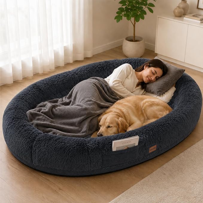 Human Dog Bed for Adult, 71"x48" Large Pet Dog Bed, Dark Grey | Adult Dog Bed for Humans with Pillow & Blanket, Fluffle Cloud Dog Bed with Orthopedic Foam Bolster, Durable Zipper, Portable