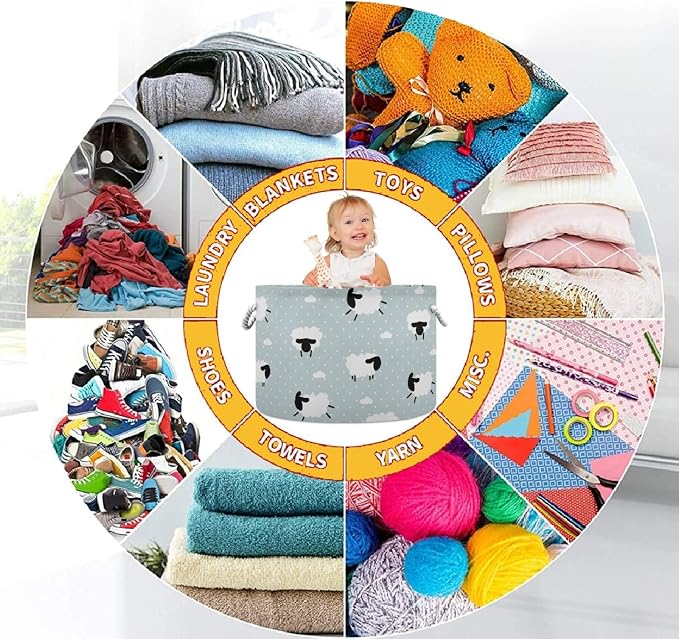 visesunny Cute White Sheep Animal Dot Grey Collapsible Large Capacity Basket Storage Bin with Durable Cotton Handles, Home Organizer Solution for Office, Bedroom, Closet, Toys, Laundry
