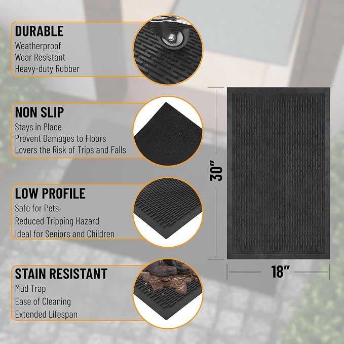 Ottomanson Waterproof Rubber Outdoor Doormat – Heavy-Duty Non-Slip Rubber Floor Mat with Ridge Scraper Pattern, All-Weather Front Door Entry Mat for Mud & Dirt Control – 18" x 30", Black