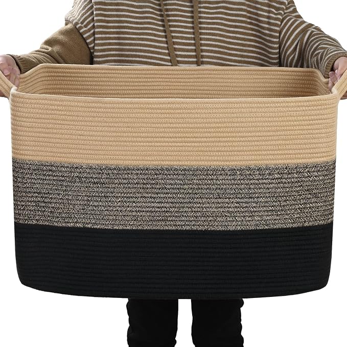 Large Blanket Basket, 100L Storage Baskets for Organizing, Woven Laundry Basket for Blankets, Cotton rope Blanket Storage for Living Room, Nursery Room, 24.8"L x 15.74"W x 15.74"H, Brown & Black