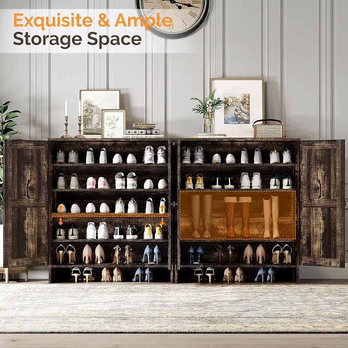 VINGLI Shoe Cabinet with Doors,5 Tier Dark Rustic Oak Wooden Shoe Storage Cabinet for Entryway with Double Barn Doors, Adjustable Shelves, 36.4" Tall Farmhouse Shoe Rack Organizer for Entryway