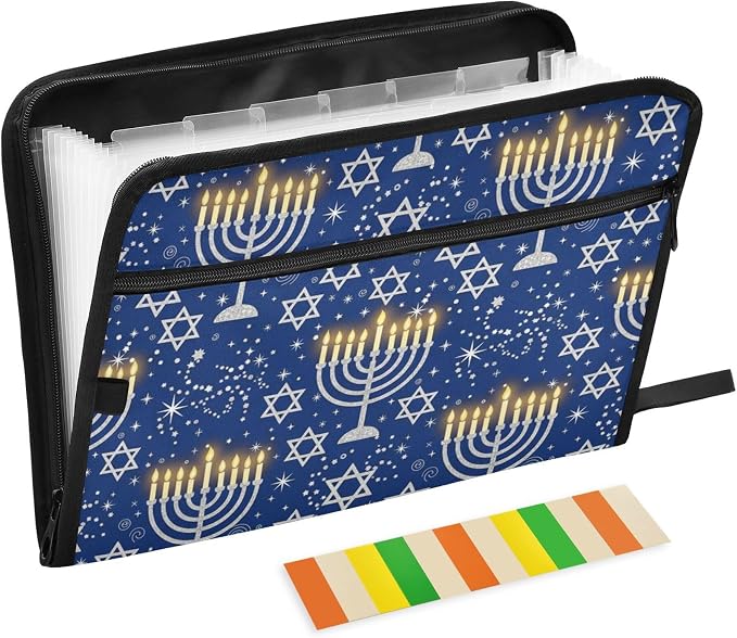 Blue Star Happy Festival Expanding File Folder with Sticky Labels, 13 Pockets Accordion File Folder Document Organizer Expandable Zip File Folder with Zipper Closure