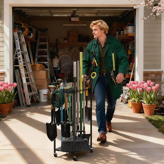Faesun Garden Tool Organizer with Wheels, Rolling Yard Tool Rack with 14 Hooks & 5 Slots, 3-Tier Metal Cart Holds 50+ Rakes/Shovels/Brooms, Mobile Lawn Storage for Garage Shed Outdoor