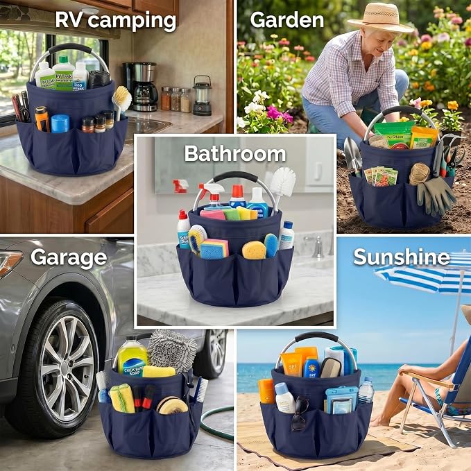 Foldable Cleaning Caddy with Handle 17L Large Cleaning Supplies Organizer 600D Oxford Portable Bucket Basket with 6 Pockets for Home Bathroom Garden Garage - Blue