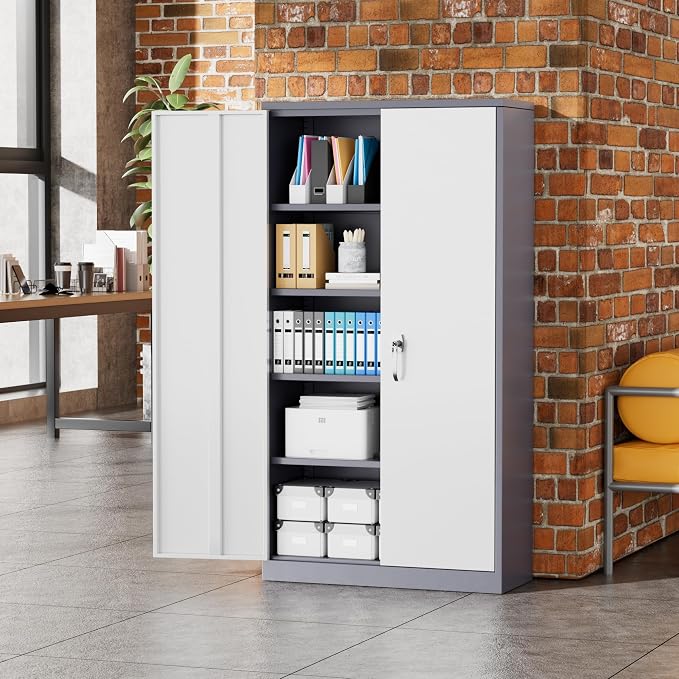 Greenvelly Metal Storage Cabinet, 72" Locking Metal Garage Storage Cabinet with Doors and 4 Adjustable Shelves, Lockable Steel Cabinet for Home Office, Garage, Shop, School (White Grey 36" W x 18" D)