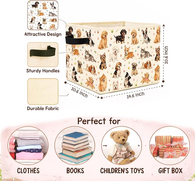 Cute Puppy Dogs Storage Bin, Foldable Fabric Organizer | Colorful puppy dog storage bin for toys, books, clothes, pet supplies, kids rooms, playrooms, shelves, and closets.
