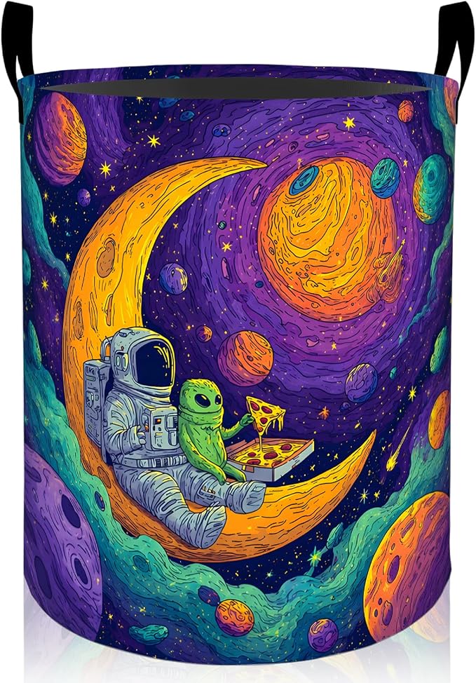 Astronaut and Alien Laundry Basket, Cartoon Space Oxford Cloth Dirty Clothes Collapsible Hamper for Room Decor, Cosmic Lovers Gifts, Toy Organizer 19.7 x 15.7 Inches for Bedroom Bathroom Dorm