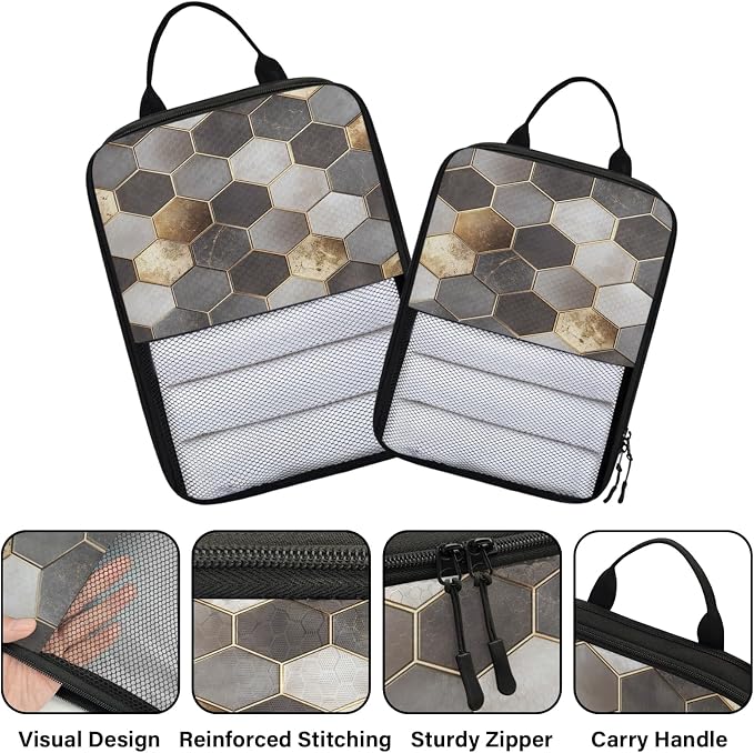 Geometric 6 Set Compression Packing Cubes Gold Expandable Packing Organizer for Travel Accessories Luggage Suitcase Bag
