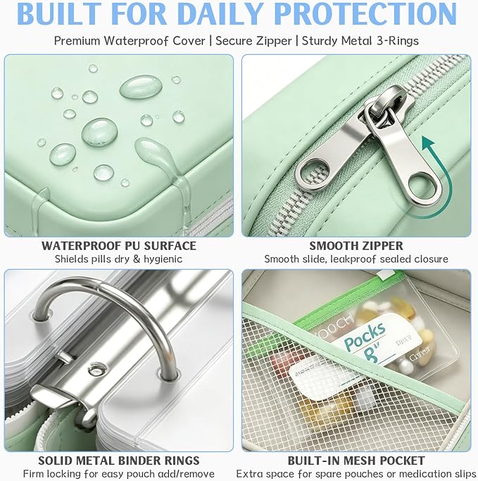A8 Weekly Waterproof Pill Pouch Set, Reusable Weekly Pill Organizer with 14 Coded AM PM Pouches, Compact Portable Vitamin Supplement Storage Case for Travel Purse Daily Use