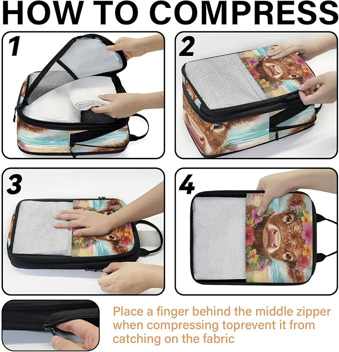 Funny Highland Cow 6 Set Compression Packing Cubes Rustic Farmhouse Bull Animal Expandable Packing Organizer for Travel Accessories Luggage Suitcase Bag