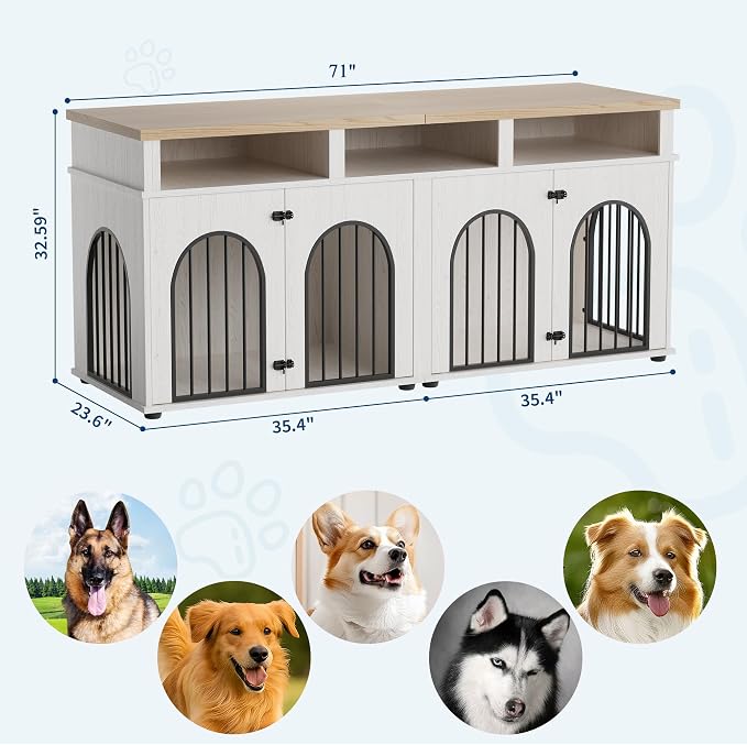 Garvee Double Dog Crate Furniture 71 in Dog Kennel Furniture for 2 Medium Dogs, Heavy Duty Dogs Cage XL Dogs House Indoor with 3 Storage Shelves, Large Puppy Crates with 8 Adjustable Feet