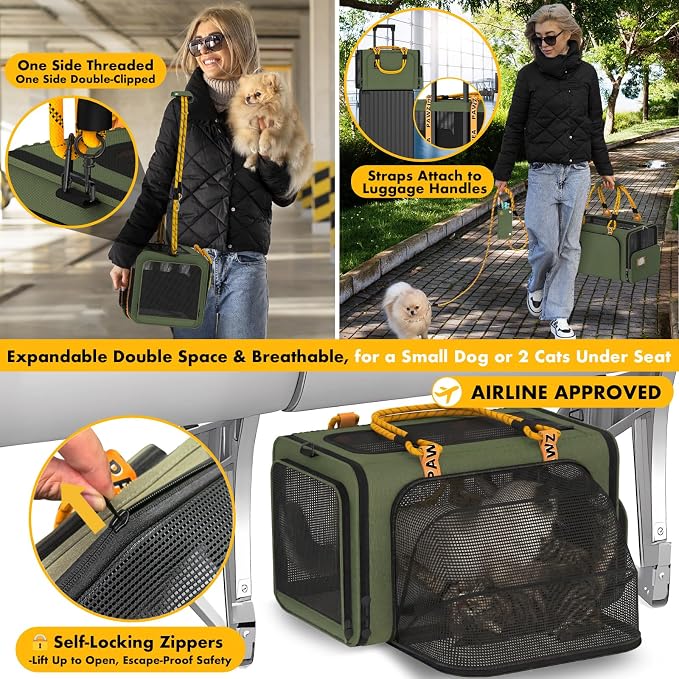 PAWZIDEA Double Pet Stroller with 2 Detachable Carrier for Multiple Pets | Portable Travel Crate & Car Seat Combo & TSA-Approved Expandable Carrier, Foldable Jogger Stroller for 2–4 Cats or Small Dogs