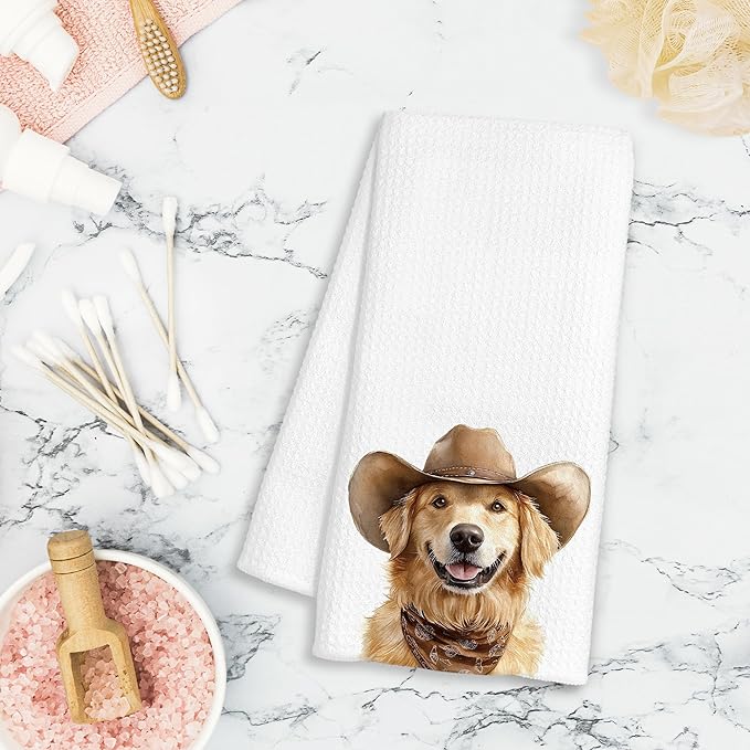 Western Golden Retriever Dog Gifts Kitchen Towels Decorative - Gifts for Golden Retriever Lovers Dish Tea Towels for Kitchen Drying, Cowboy Dog Hand Towels for Bathroom Decor, 16x24 Inch