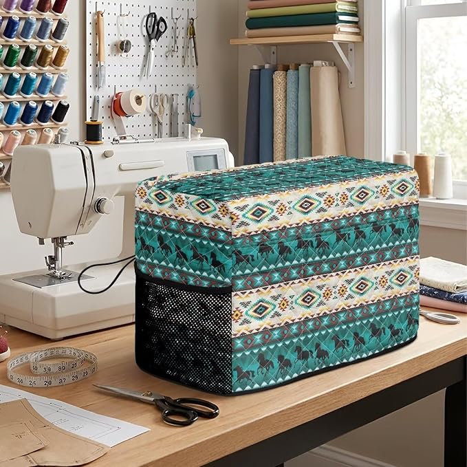 Sewing Machine Cover Polyester Febric Aztec Western Horse Print | Dust Pet Hair Protection,Quilting Design,Fits Standard Singer,Brother Janome Machines,Protecting Decorating Your Sewing Space