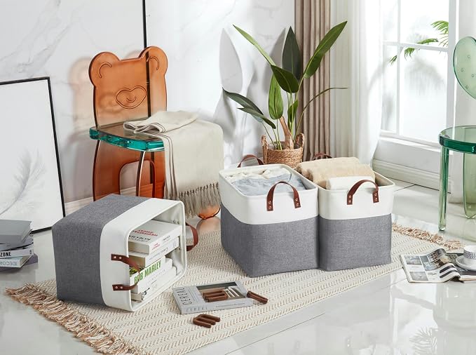 DECOMOMO Fabric Storage Bins, Extra Large Storage Baskets with Handles | 3 Pack Storage Baskets for Shelves, Laundry, Toys, Nursery (Slate Grey & White)