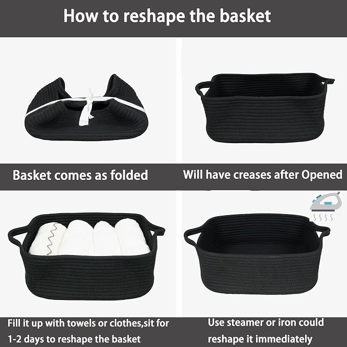 XUANGUO Medium Woven Cotton Rope Storage Basket with Handles, Black | Small decorative rectangle storage bin for baby nursery items and cat toys; ideal as an empty gift basket or dog toy basket
