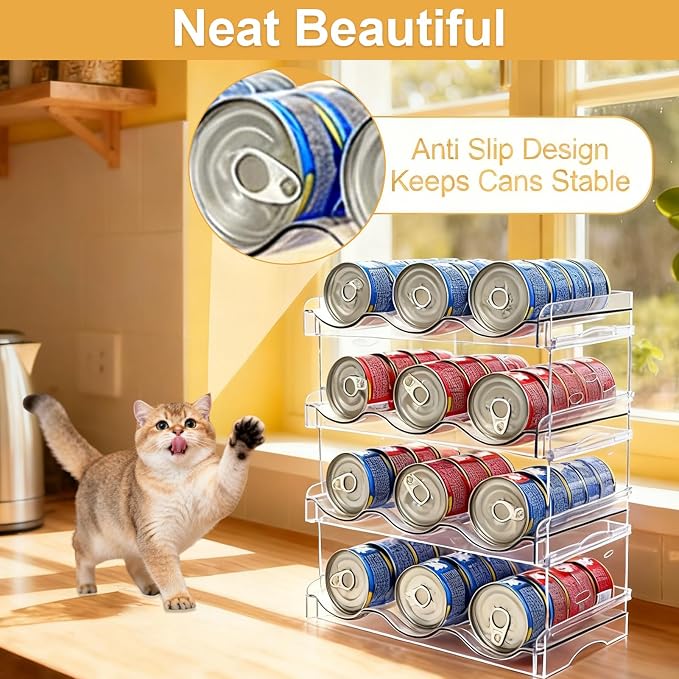 Cat Food Can Organizer 4-Tier Hold 72 Cans 3.5oz Transparent Cat Can Rack | Wet cat food storage rack suitable for kitchen cabinets and storage cabinet countertops,Suitable for multi size cans