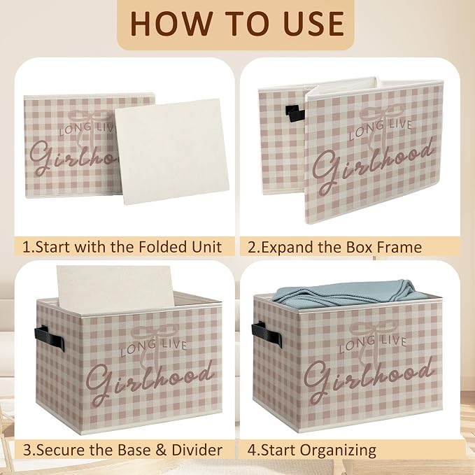 Girl Nursery Foldable Storage Bins Box with Handles, Long Live Girlhood Preppy Pink Gingham Decorative Storage Boxes Baskets Toybox Organizer for Kids Girl Nursery Room Bedroom Playroom