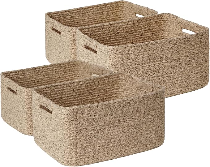 4 Pack Large Storage Basket for Organizing, 17.5"x13"x7" Woven Basket for Shelves, Closet Cube Storage Bins with Wrapped Handle, Cotton Rope Baskets for Kitchen, Clothes, Toys(Natural))