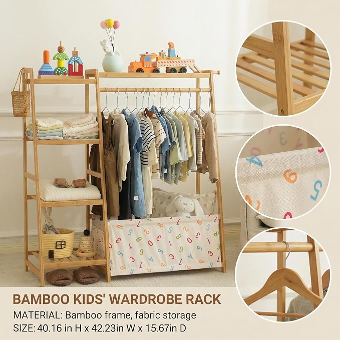 Baveke Kids Clothing Rack- Toddler Dress Up Rack with 5-Tier Open Shelves & Storage Bag, Baby Clothes Rack Small, FSC-Certified Bamboo Garment Rack & Free Standing Clothes Rack, Mini Clothing Rack
