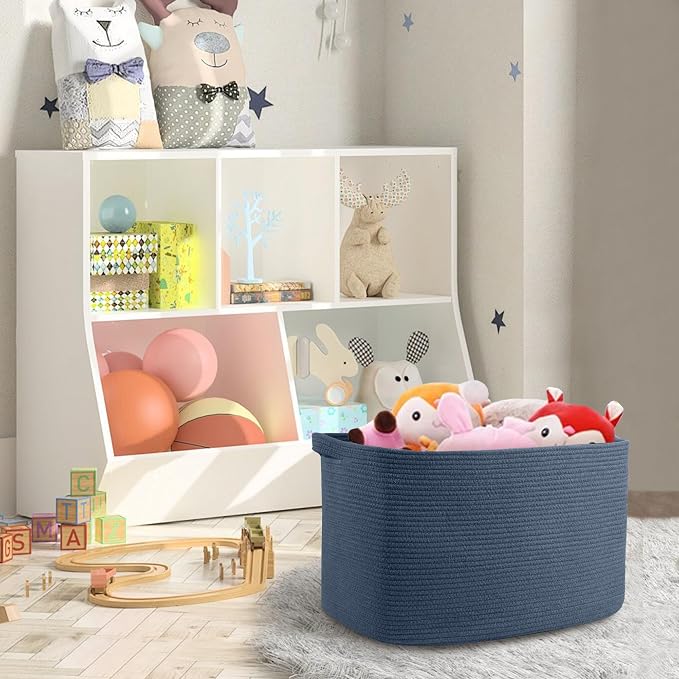 Extra Large Rectangle Storage Basket, 23.6" x 17" x 12" Dark Blue Blanket Storage for Living Room, Large Woven Cotton Rope Storage Box, Soft Kids Toy Basket Organizer Bin, Big Wicker Basket