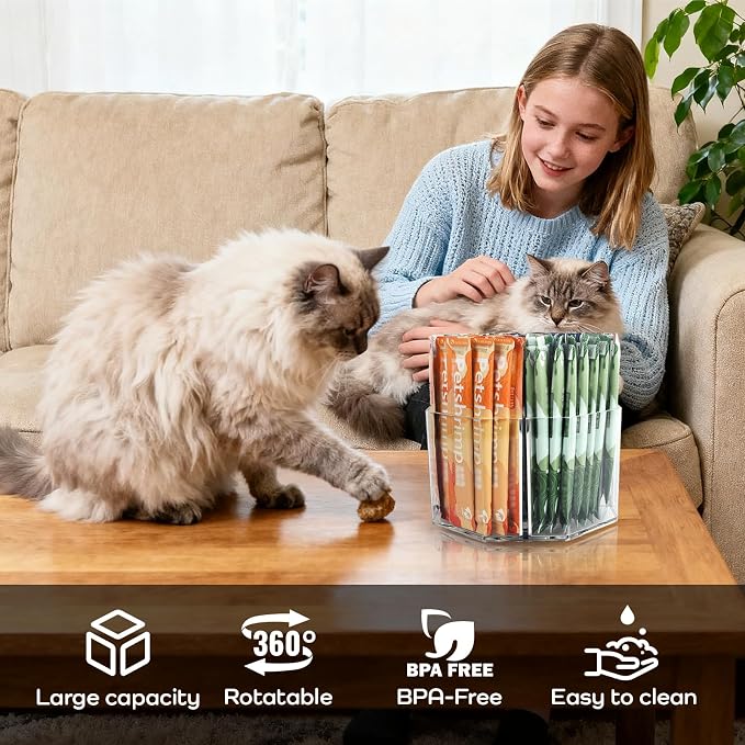Lickable Cat Treats Organizer, Lazy susan Acrylic Squeeze Up Cat Food Storage Container, Wet Cat Treats Storage for Kitchen Cabinet Pantry Shelf Countertop(Rhombus)