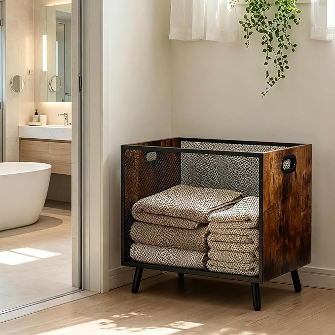 66L Blanket Basket, Laundry Basket Organizer With Rustic Industrial Design, Blanket Storage Basket For Living Room, Wood And Metal Mesh Construction