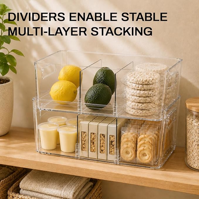 Mpotmiy 4-Pack Pantry Organizers and Storage, Clear Fridge Organizer Bins | Clear stackable plastic bins with removable dividers for packets, snacks, pouches and spices in pantry, fridge or freezer.