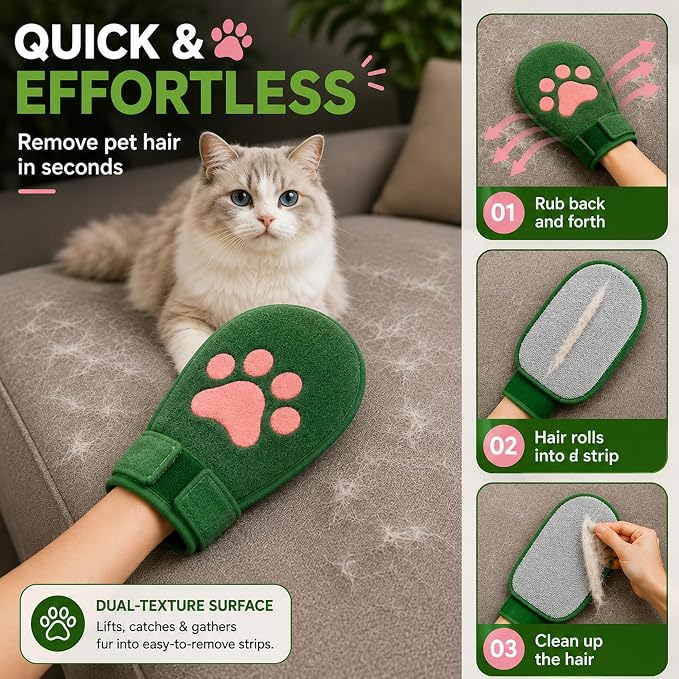 Paw Shape Pet Hair Remover Glove & Fur Storage Bag Set for Cats and Dogs (Green), Washable Pet Hair Remover, Soft Lint Cleaning Glove for Sofa Carpet Bed Clothes