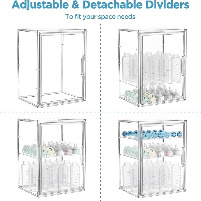 HBlife Baby Bottle Storage Organizer for Countertop Cabinet, 3 Tiers Adjustable Clear Acrylic Bottles Storage Station Case Box Container with 2 Removable Dividers and Magnetic Door, Large