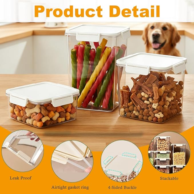 Airtight Dog Treat Container Set of 3, Pet Food Storage Bin for Dog Cat, Plastic Dogs Treat Organizer for Kitchen Counter, Dog Cookie Jar-Keep Kibble Fresh Crispy-BPA free(Up to 8Lb/10QT)
