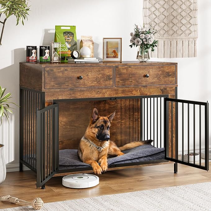 LEMBERI 44 Inch Large Wooden Dog Crate Furniture with 2 Storage Drawers, Decorative End Table Style Indoor Pet House for Dogs, Brown