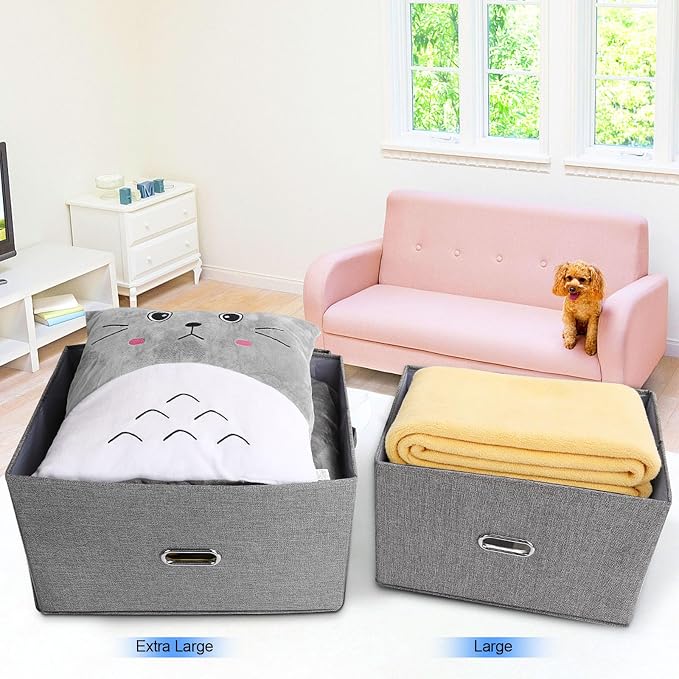 Large Linen Fabric Foldable Storage Bins with Removable Lid and Handles, Washable Storage Box Organizer Containers Baskets Cube with Cover for Bedroom,Office(Red, Extra Large)
