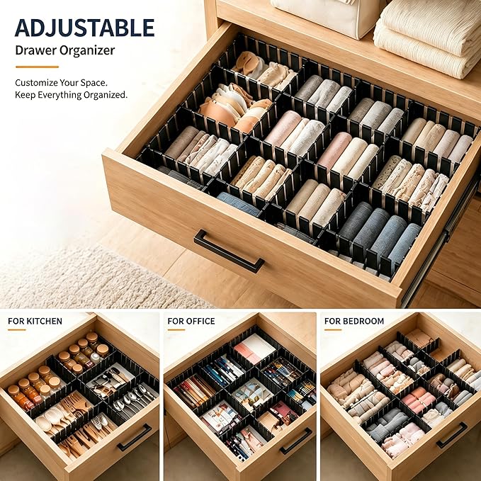 Adjustable Drawer Dividers, Cut-to-Fit DIY Organizers, Black 32 Pack | For Tidying Cutlery, Makeup, Clothes and Dresses in Drawers, Desks and Storage Boxes for Kitchen, Bathroom, Bedroom & Office