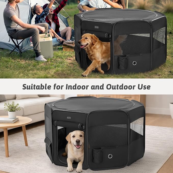 PETSFIT Portable Dog Playpen 45", Removable Waterproof Mat, Zippered Roof | Jump-proof, Collapsible Storage, RV Camping Travel, Indoor Outdoor Use, Large Dogs and Cats, 45.5"L x 45.5"W x 28.5"H