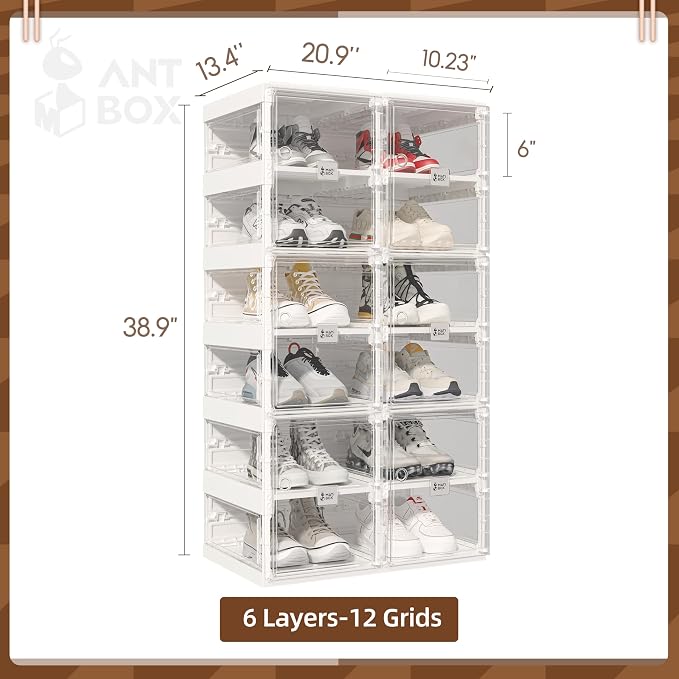 ANTBOX Foldable Shoe Rack,Shoe Organizers for Closet Plastic Shoe Storage Box Space Saving for Entryway, Large Sturdy Stackable Sneaker Cabinet Bins with Magnetic Clear Door 6 Tiers 12 Pairs