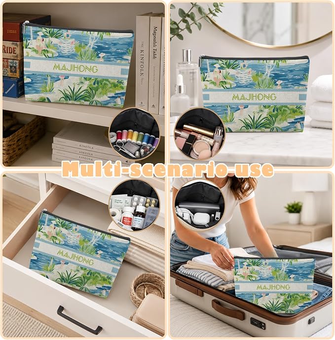 Summer Blue and Green Beach Empty Mahjong Tile Bag 13x7.8 Inch, | Boho Printed Portable Travel Case Organizer Zipper Pouch for American Mahjong Tiles Game Night Accessories and Gifts