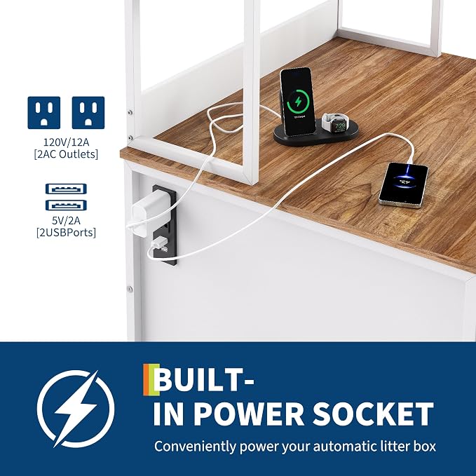 Self Cleaning Litter Box Enclosure Furniture with Shelf & Charge Station | 70" Farmhouse Cat Litter Box Robot Cabinet, Fit Automatic Litterbox Up to 26"×28"×31", Litter Cabinet for Robot 3/4/5 White