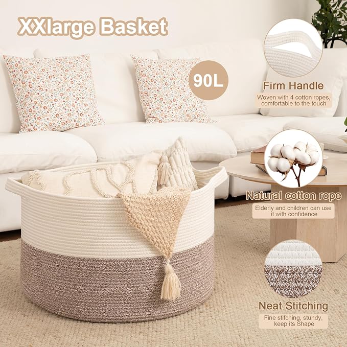 OIAHOMY 90L XXXLarge Blanket Basket for Living Room, 21.7" x 13.8" Woven Cotton Rope Laundry Basket for Organizing Pillows, Decorative Stuffed Animal Toy Storage for Nursery, White and Linen Brown