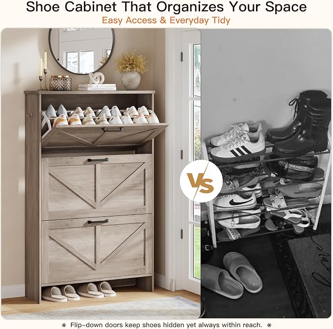Shoe Cabinet for Entryway, 3 Flip Drawers Shoe Storage Cabinet with 3-Tier Adjustable Shelves, Ultra Slim Freestanding Hidden Shoe Organizer with Barn Door Design, Dove Gray