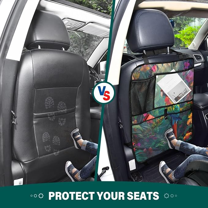 JIPONI Car Backseat Organizer, Parrot Macaw Tropical Automotive Back Seat Protector, Kick Mats with Storage Pockets for Kids Pets, Road Trip Accessories