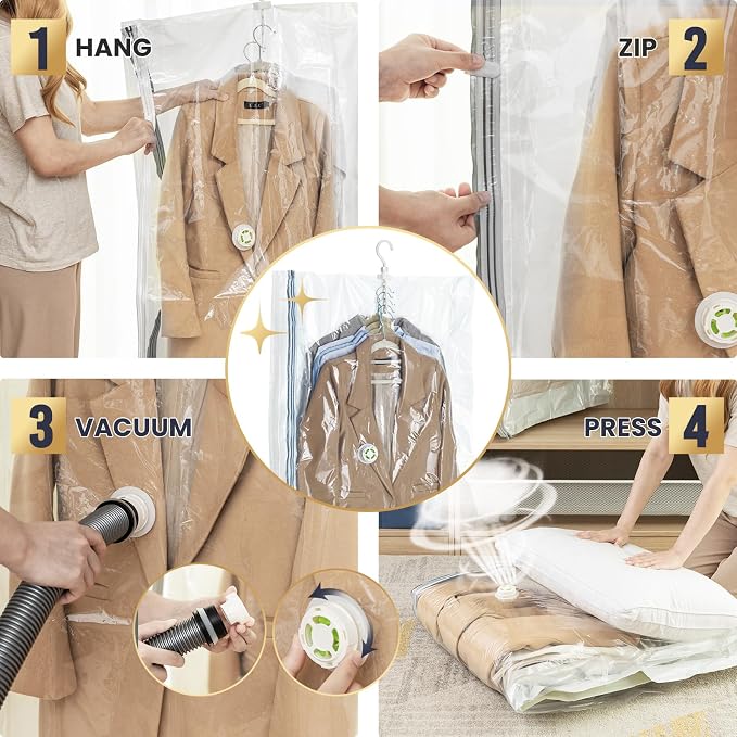 TAILI Hanging Vacuum Storage Bags for Clothes Space Saver 6 Combo Cream | Vacuum Seal Bags for Clothing Travel, Winter Clothes Storage Closet Organizers, Garment, Coats, Suits and Jackets