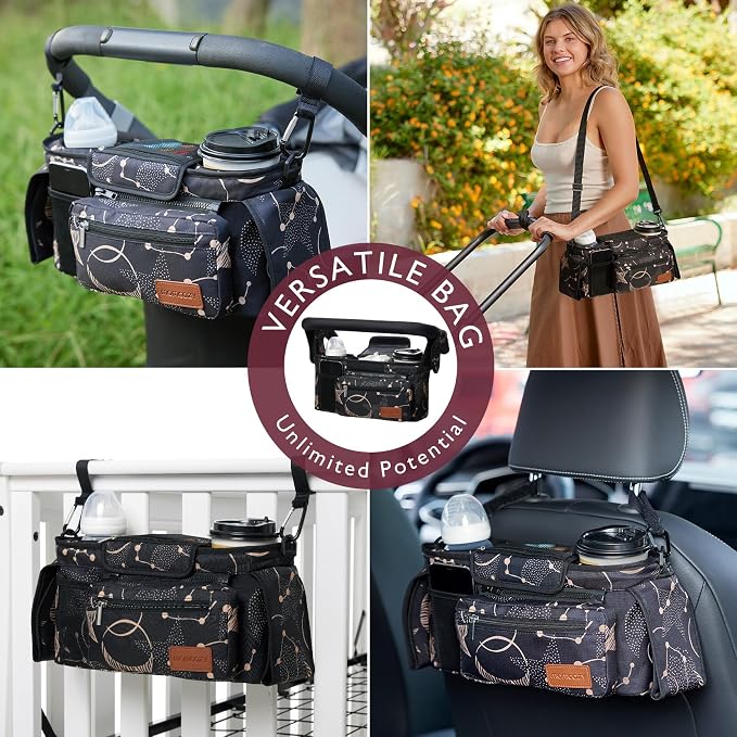 Momcozy Universal Baby Stroller Organizer, 2 Insulated Cup Holder, Detachable Zippered Pocket, Adjustable Shoulder Strap, Large capacity for baby essentials, Compact Design Fits Any Strollers | Detachable Phone Bag and Shoulder Strap, Fits for Uppababy...