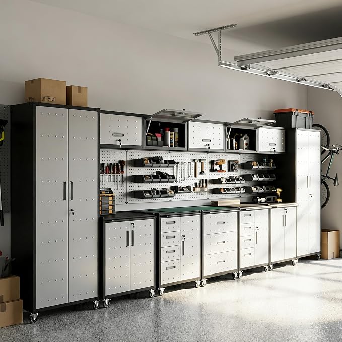 12-Piece Heavy Duty Steel Garage Cabinet System | All-in-One Modular Garage Cabinet Set for Ultimate Workshop Organization | Easy Assembly Garage Storage Cabinets & Tool Bench