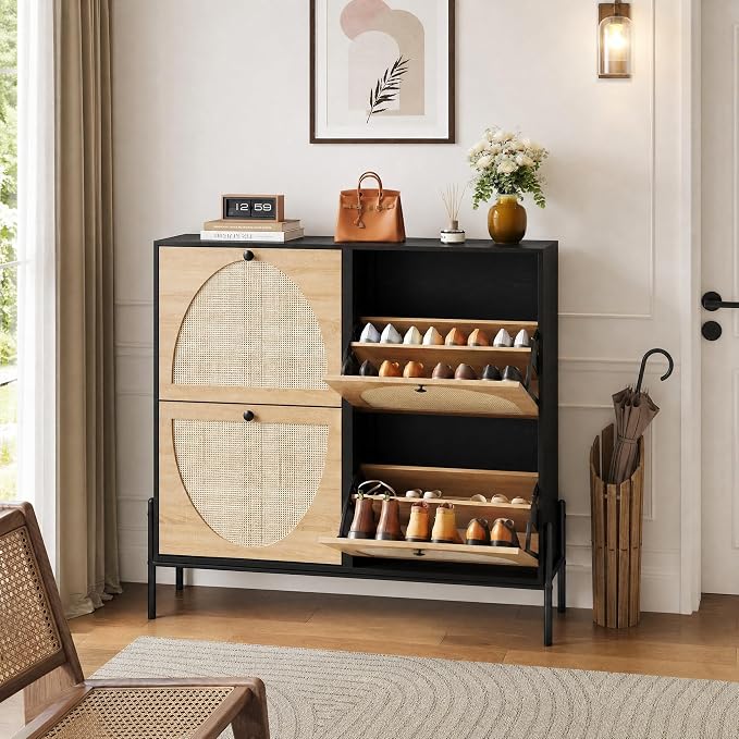 Rattan Shoe Cabinet Storage,Narrow Shoe Rack for Entryway with 4 Flip Drawers, Freestanding Wooden Shoe Organizer Cabinet with Metal Legs for Hallway (Black + Natural, 4 Flip Drawers)