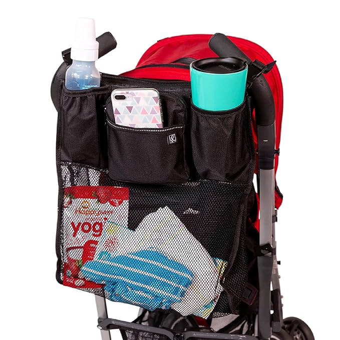 J.L. Childress Universal Cups N Cargo Stroller Organizer & Caddy, Black | Essential baby travel accessory with cup holders, large mesh storage pocket & zipper pocket fits UPPAbaby, Doona, Nuna & More