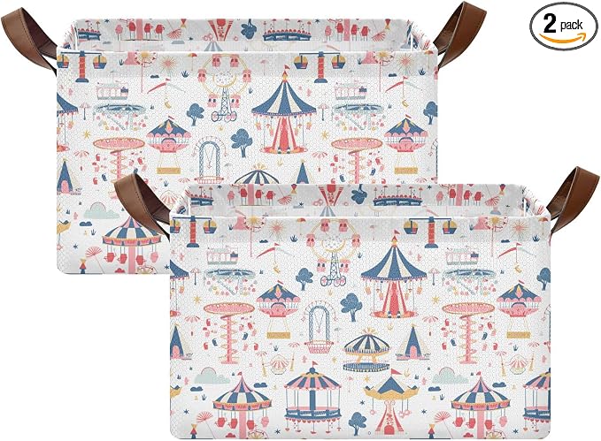 Dreamland Amusement Park Baby Storage Basket with Labels&Handles Rectangular Waterproof Nursery Storage Bins Collapsible Shelf Organizer Baskets for Kids Books Cloth Gift Toys Laundry, 2 Pack