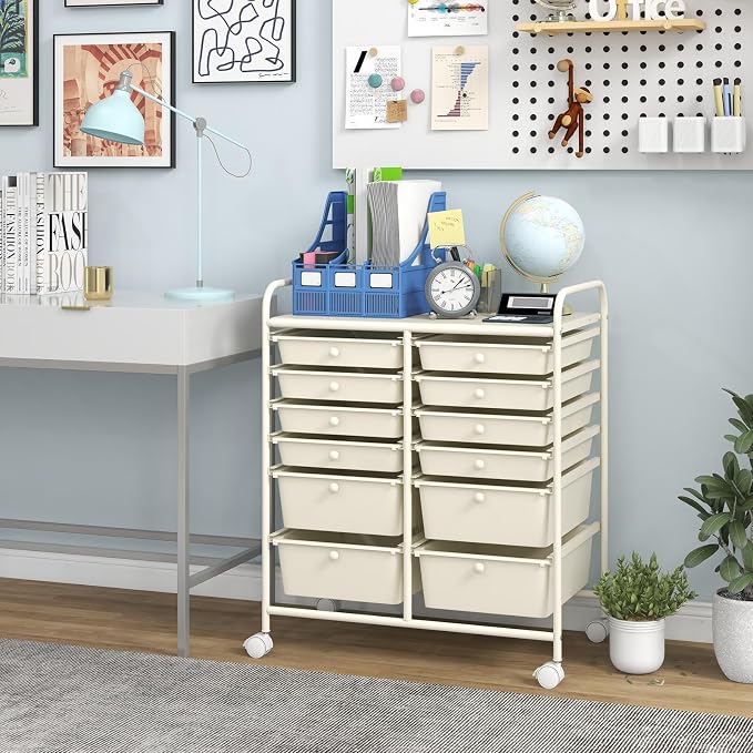 12 Drawer Rolling Storage Cart, Art Cart Organizer on Wheels, Mobile Utility Cart with Drawers, Multipurpose Craft Drawers for Home Office School Classroom (White)
